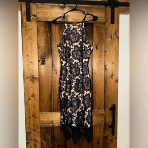 Blue and tan lace cocktail dress